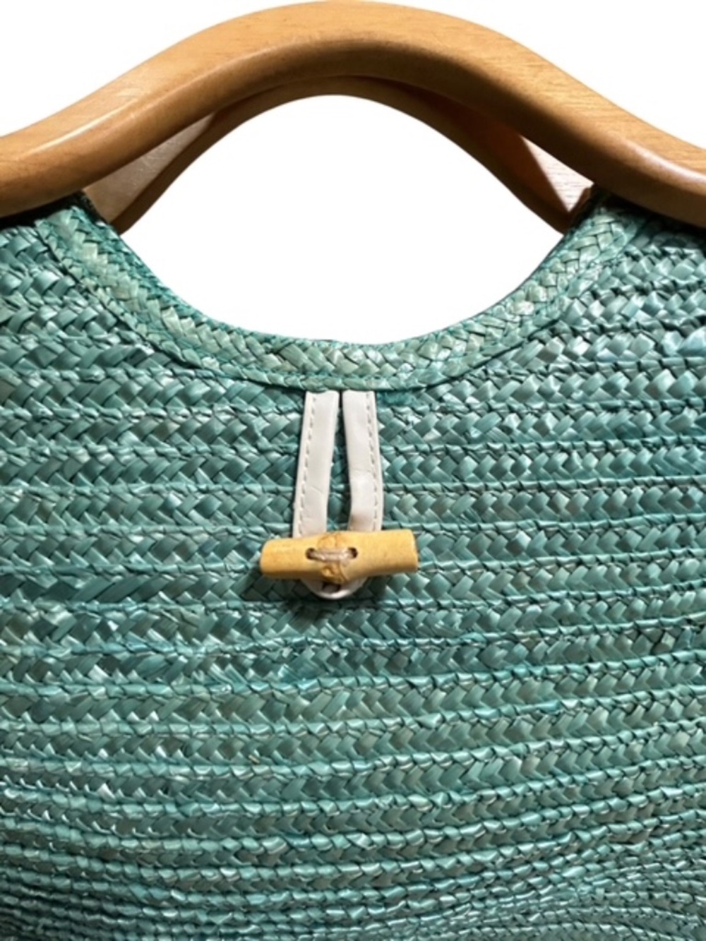 Coastal Grandma Woven Straw Bag Aqua Blue Wooden Handle Resort Beach Purse - Picture 3 of 6